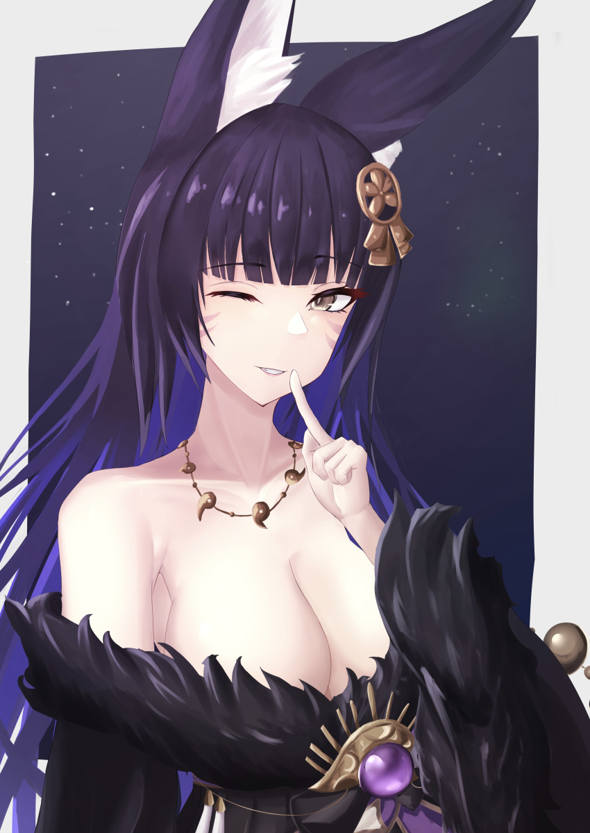 1girl ;d absurdres animal_ears azur_lane bare_shoulders black_hair black_kimono breasts cleavage eyelashes fang finger_to_mouth fox_ears fox_girl fur-trimmed_kimono fur_trim gem gradient_hair grin hair_ornament hairpin hand_up highres japanese_clothes jewelry kimono kitsune large_breasts long_hair looking_at_viewer magatama magatama_necklace multicolored_hair musashi_(azur_lane) nagatokks necklace off_shoulder one_eye_closed purple_gemstone purple_hair sakura_empire_(emblem) smile solo upper_body very_long_hair