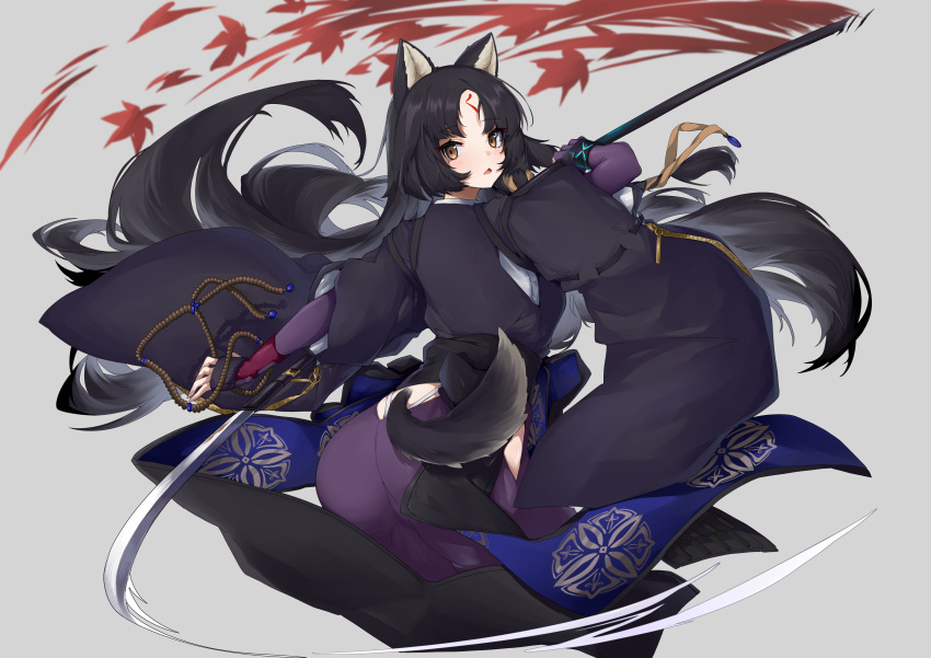 1girl absurdres animal_ears arknights ass bangs beads black_hair black_kimono blush brown_eyes commentary cowboy_shot cropped_legs dog_ears dog_girl dog_tail facial_mark forehead_mark from_behind grey_background highres hip_vent holding holding_polearm holding_weapon infection_monitor_(arknights) japanese_clothes kimono leaf long_hair looking_at_viewer looking_back maple_leaf naginata open_mouth parted_bangs polearm prayer_beads saga_(arknights) simple_background solo tail tail_through_clothes triangle_mouth very_long_hair weapon wide_sleeves zeroblood zipper
