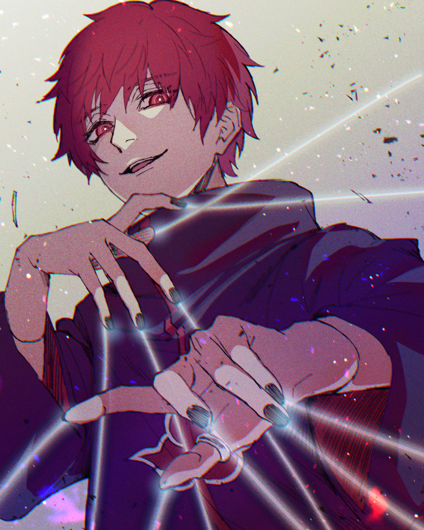 1boy akatsuki_uniform bangs black_nails grey_background highres jewelry long_sleeves looking_at_viewer male_focus nail_polish naruto_(series) naruto_shippuuden open_mouth red_eyes red_hair ring sasori_(naruto) short_hair solo suzu_(tg_390)