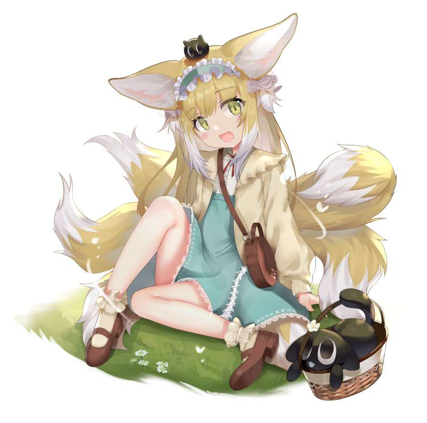 absurdres animal_ears animal_on_head ankle_cuffs arknights bag basket black_cat blonde_hair blush brown_bag brown_footwear cardigan cat cat_on_head dress fang flower fox_ears fox_girl fox_tail frilled_hairband frills grass green_dress green_eyes hair_down hairband highres kitsune knee_up long_hair looking_at_viewer multicolored_hair multiple_tails n3moni on_head open_cardigan open_clothes open_mouth paid_reward_available satchel shoulder_bag simple_background sitting socks streaked_hair suzuran_(arknights) tail thighs white_background white_flower white_hair yellow_cardigan yellow_socks