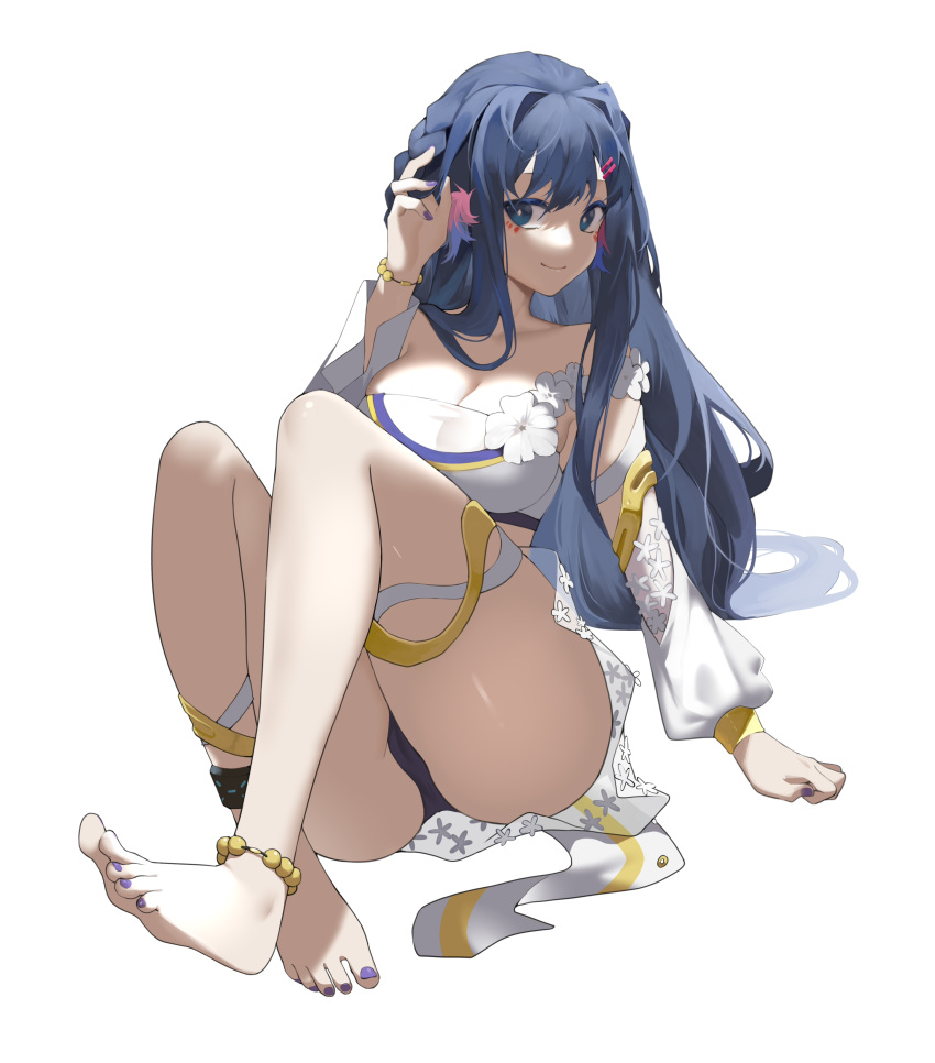 1girl absurdres anklet arknights ass astesia_(arknights) barefoot black_panties blue_eyes blue_hair braid breasts cleavage detached_sleeves highres jewelry large_breasts long_hair long_sleeves looking_at_viewer nail_polish no.1_machine panties shirt simple_background sitting smile solo thighs toenail_polish toenails underwear white_background white_shirt white_sleeves