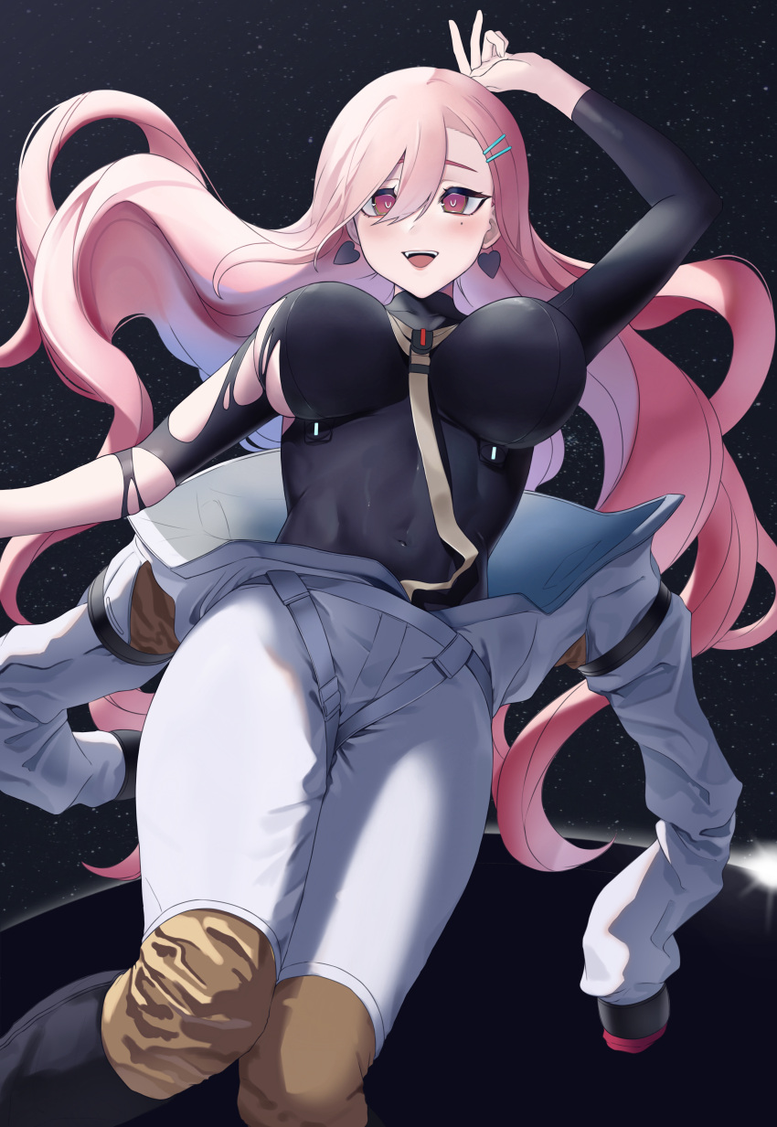 1girl absurdres arm_up bangs black_bodysuit blush bodysuit breasts covered_navel earrings feet_out_of_frame girls'_frontline hair_ornament hairpin highres jewelry large_breasts long_hair long_sleeves looking_at_viewer mole mole_under_eye official_alternate_costume open_mouth parted_lips pink_eyes pink_hair saiun_sigma sig_mcx_(girls'_frontline) sig_mcx_(trans-dimensional_sentinel)_(girls'_frontline) smile solo space spacesuit spade_(shape) spade_earrings starry_background teeth torn_bodysuit torn_clothes upper_teeth