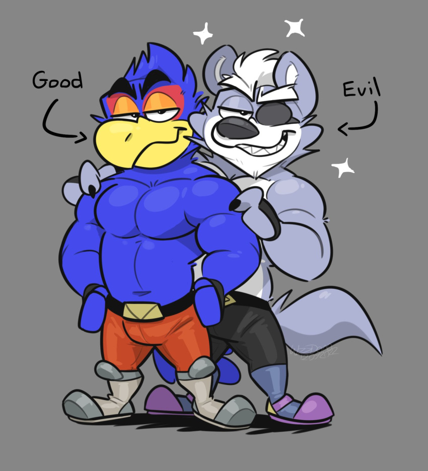 anthro avian bird canid canine canis clothed clothing duo eye_patch eyewear falco_lombardi grey_background hands_on_shoulders hi_res looking_at_viewer male mammal nintendo pecs simple_background smile star_fox topless video_games wizzdono wolf wolf_o'donnell