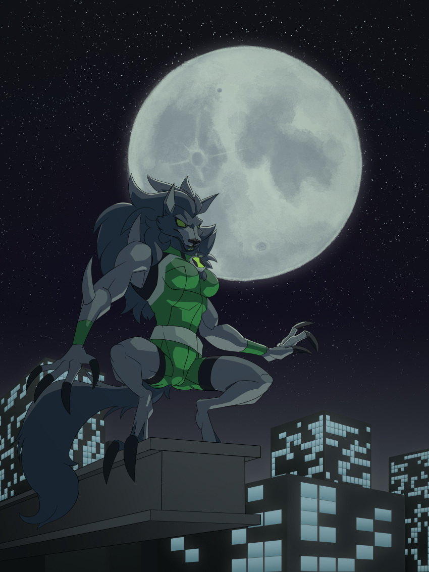 2022 3:4 absurd_res alien anthro ben_10 breasts canid canine canis cartoon_network city cityscape claws clothed clothing colored digital_media_(artwork) ediblecrustables female fur green_eyes grey_body grey_fur hair hi_res huge_filesize loboan mammal moon multicolored_body multicolored_fur night no_pupils sky solo spikes spread_legs spreading standing star two_tone_body two_tone_fur