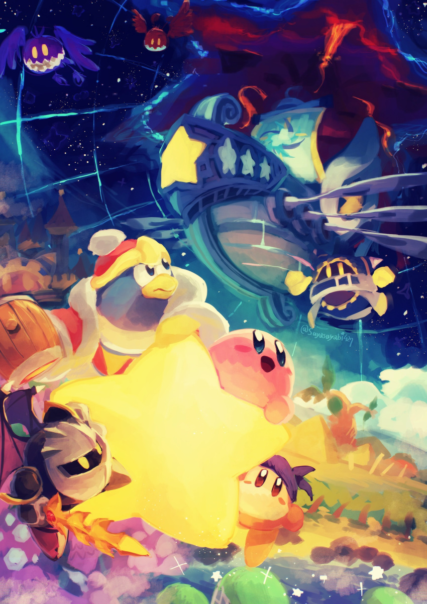 bandana bandana_waddle_dee bat_wings blue_skin blush_stickers cloud colored_skin disembodied_limb doomer_(kirby) galaxia_(sword) hammer highres holding holding_hammer holding_sword holding_weapon king_dedede kirby kirby's_return_to_dream_land kirby_(series) looking_at_another lor_starcutter magolor mask meta_knight no_humans pink_skin pyramid_(structure) smile solid_oval_eyes star_(sky) star_(symbol) suyasuyabi sword tree warp_star weapon wings