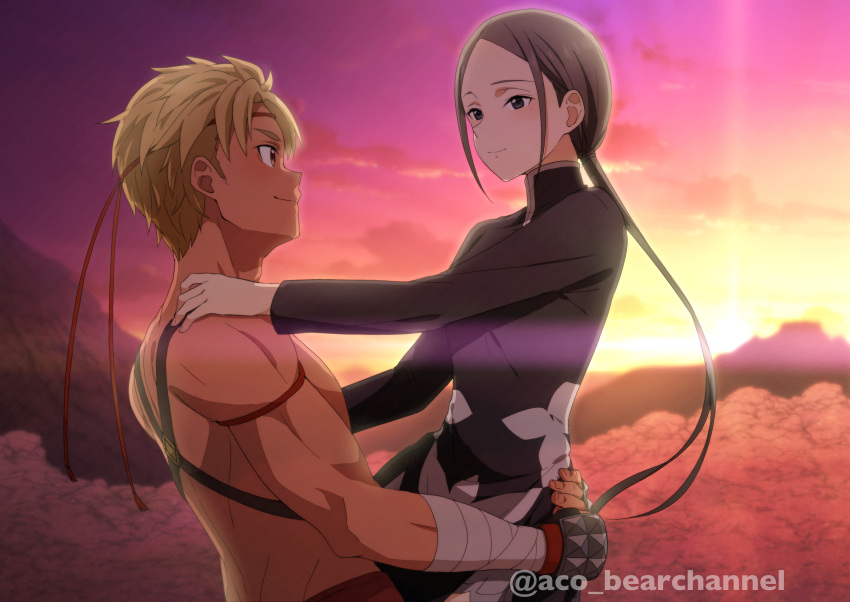 1boy 1girl absurdres aco_(bearchannel) backlighting black_shirt blonde_hair brown_eyes brown_hair carrying closed_mouth couple day eye_contact floating_hair hand_on_another's_shoulder hetero highres iskahn_(sao) long_hair long_sleeves looking_at_another low_ponytail outdoors sheyta_(sao) shirt short_hair smile sword_art_online twitter_username very_long_hair watermark