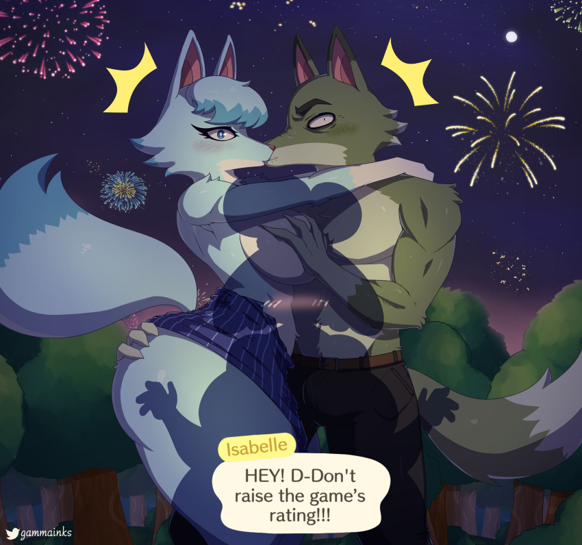 2022 absurd_res animal_crossing anthro breasts canid canine canis clothed clothing dialogue digital_media_(artwork) dipstick_tail dobie_(animal_crossing) english_text eyebrows female fingers fireworks gammainks hair hand_on_breast hi_res kissing looking_at_viewer male male/female mammal markings nintendo outside plant tail_markings text topless tree video_games whitney_(animal_crossing) wolf