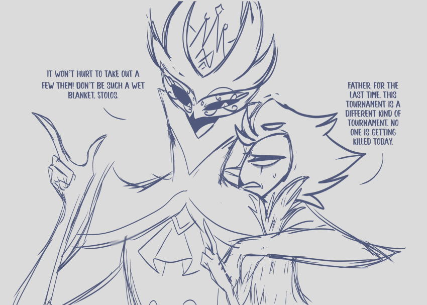 anthro avian bird black_eyes blue_text crown duo excited father father_and_child father_and_son formal_clothing formal_wear frown helluva_boss hi_res male owl owl_demon paimon_(helluva_boss) parent parent_and_child simple_background smile son standing stolas_(helluva_boss) teathekook text