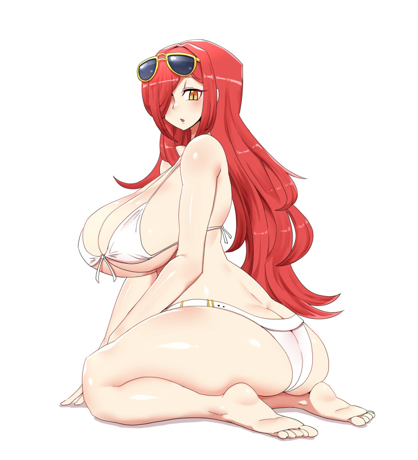 1girl ass bikini breasts butt_crack eyewear_on_head front-tie_bikini_top front-tie_top hair_over_one_eye highres kneeling large_breasts long_hair looking_at_viewer looking_back mannungei orange_eyes parasoul_(skullgirls) red_hair skullgirls slit_pupils swimsuit thick_thighs thighs white_background