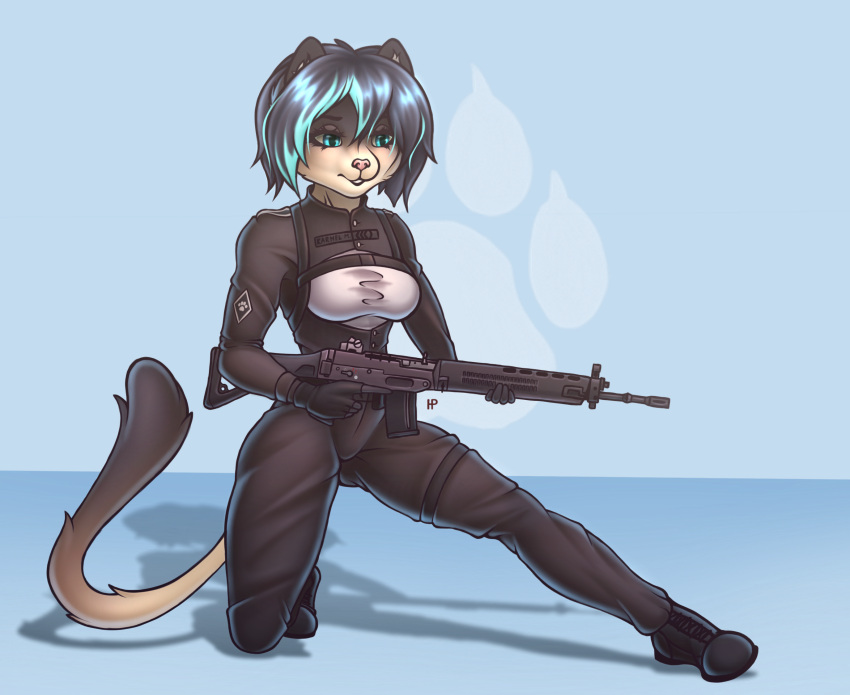 anthro boots clothing domestic_cat felid feline felis female footwear gun hermitpioneer hi_res mai_karmel mammal ranged_weapon rifle sig_550 solo trigger_discipline uniform weapon