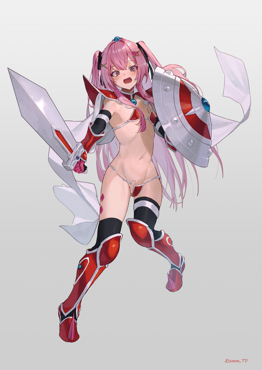 1boy @_@ absurdres areola_slip armor armored_boots bangs bikini bikini_armor black_ribbon blush boots cape commentary cosplay elizabeth_bathory_(brave)_(fate) elizabeth_bathory_(brave)_(fate)_(cosplay) elizabeth_bathory_(fate) fate/grand_order fate_(series) full_body grey_background hair_ornament hair_ribbon highres holding holding_shield holding_sword holding_weapon leg_tattoo long_hair looking_at_viewer loose_bikini male_focus navel open_mouth original otoko_no_ko paid_reward_available panties pauldrons pink_eyes pink_hair red_armor red_bikini ribbon shield shoulder_armor silver_trim simple_background solo sooon spiked_boots spiked_footwear stomach swimsuit sword tattoo torn_clothes torn_panties twitter_username underwear vambraces weapon white_cape