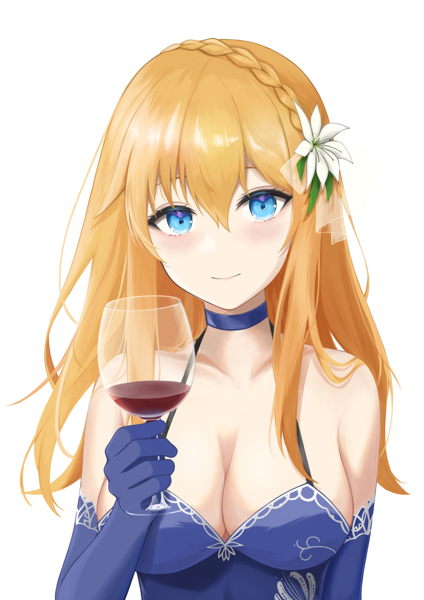 1girl absurdres bangs bare_shoulders blonde_hair blue_choker blue_dress blue_eyes blue_gloves blush braid breasts choker cleavage closed_mouth codename696 collarbone commentary commission cup dress drinking_glass elbow_gloves flower girls'_frontline gloves hair_flower hair_ornament highres holding holding_cup large_breasts lips long_hair looking_at_viewer mosin-nagant_(girls'_frontline) mosin-nagant_(moonlit_ocean)_(girls'_frontline) official_alternate_costume red_wine skeb_commission smile solo upper_body white_background wine_glass