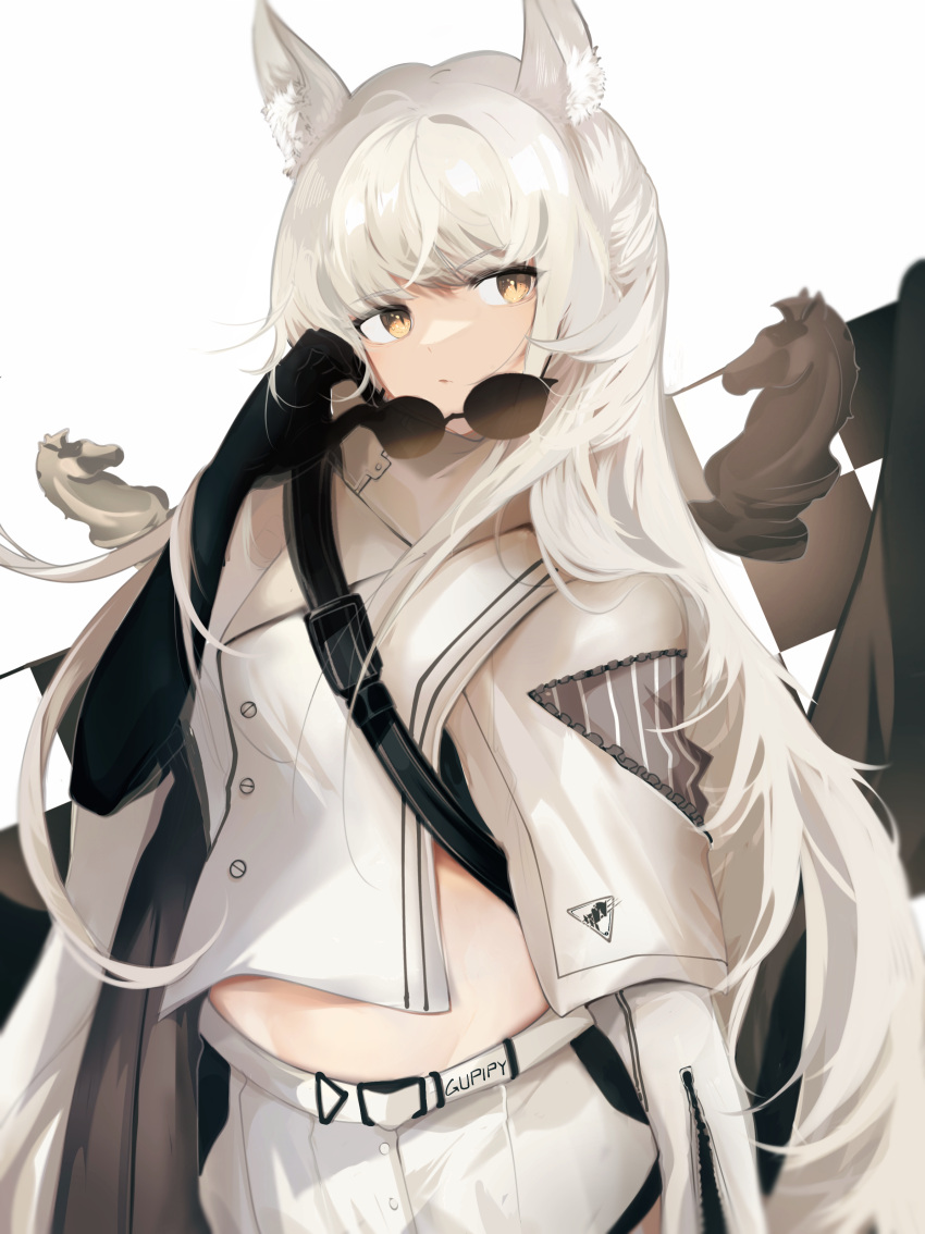 1girl absurdres animal_ears arknights bangs black_gloves brown_eyes chess_piece commentary gloves gupipy highres horse_ears jacket knight_(chess) long_hair looking_at_viewer midriff platinum_(arknights) shorts simple_background solo sunglasses upper_body very_long_hair white_background white_hair white_jacket white_shorts