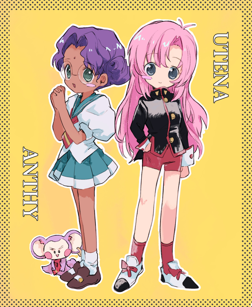 2girls :d absurdres animal bangs bindi blush_stickers character_name chu_chu_(shoujo_kakumei_utena) dark-skinned_female dark_skin glasses green_eyes hair_bun hand_in_pocket hano_luno highres himemiya_anthy jacket long_hair long_sleeves looking_at_viewer monkey multiple_girls own_hands_clasped own_hands_together parted_bangs pink_hair pleated_skirt puffy_short_sleeves puffy_sleeves purple_hair round_eyewear school_uniform serafuku short_sleeves shorts shoujo_kakumei_utena skirt smile tenjou_utena