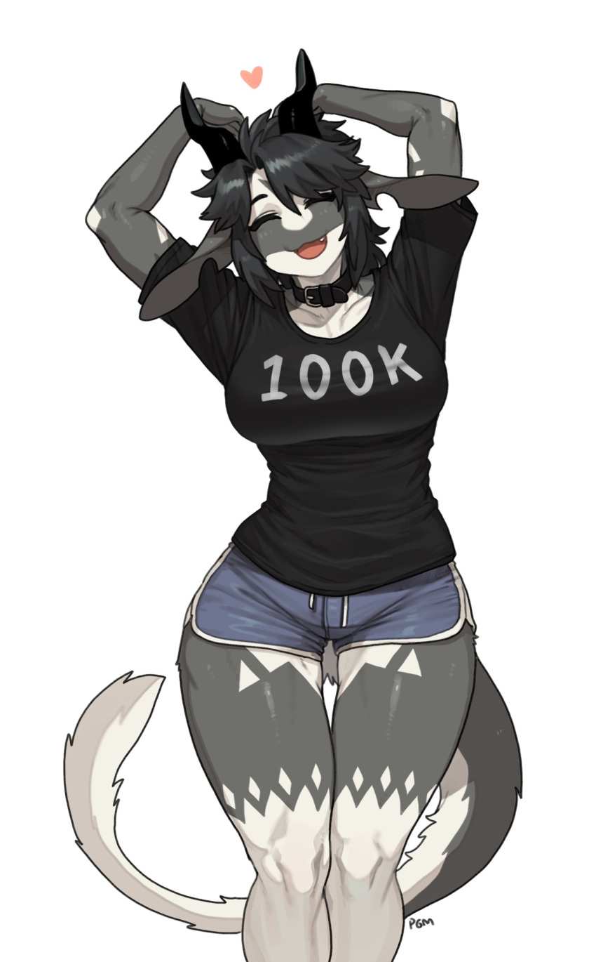 &lt;3 2022 anthro black_clothing black_shirt black_topwear blue_bottomwear blue_clothing blue_shorts bottomwear breasts clothing eyes_closed female fur fur_markings hi_res hotpants markings number_on_shirt number_on_t-shirt number_on_topwear open_mouth pgm300 shirt shorts simple_background solo topwear unknown_species