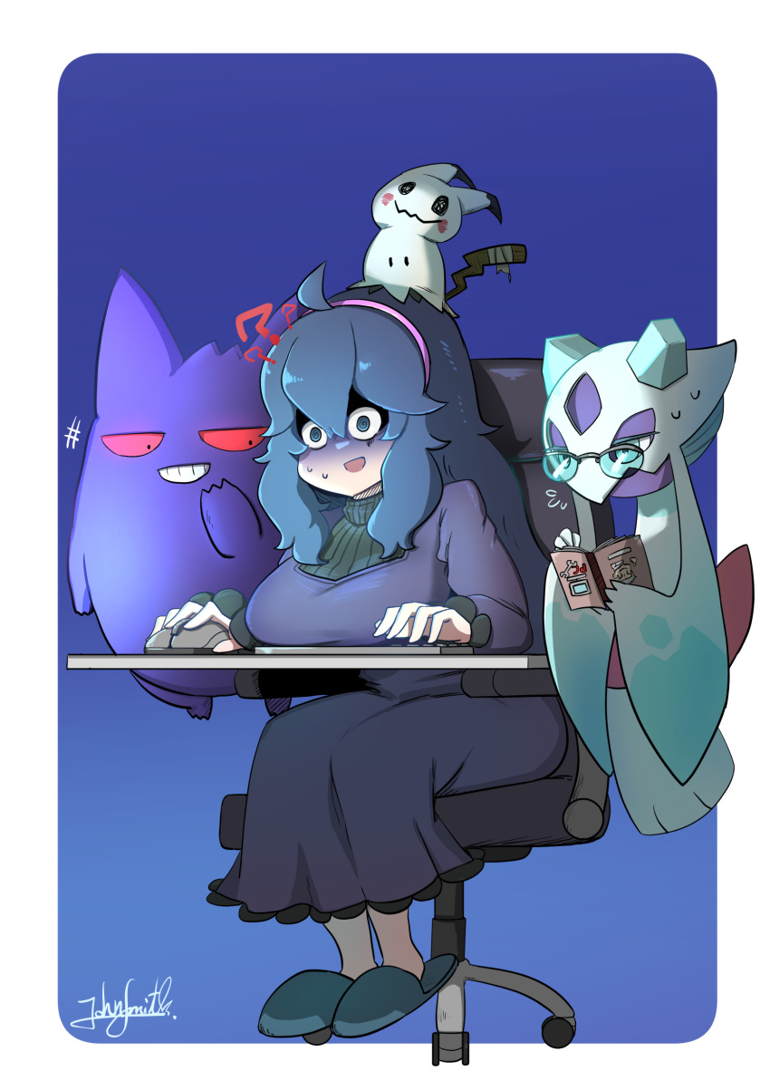 1girl ? ?? @_@ absurdres ahoge alternate_breast_size artist_name at_computer bangs black_dress black_hair blue_background blue_eyes breasts chair commentary_request dress flying_sweatdrops froslass gengar hair_between_eyes hairband hex_maniac_(pokemon) highres john_(a2556349) keyboard_(computer) large_breasts long_dress long_hair long_sleeves messy_hair mimikyu mouse_(computer) office_chair on_head open_mouth pokemon pokemon_(creature) pokemon_(game) pokemon_on_head pokemon_xy purple_hair purple_hairband reading shaded_face sitting slippers surprised sweatdrop two-tone_background very_long_hair white_background