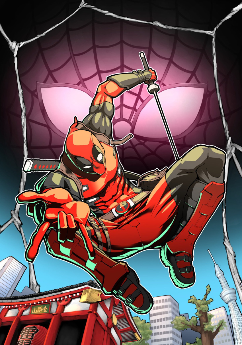 1boy abs airborne bodysuit deadpool highres holding holding_sword holding_weapon katana lantern male_focus marvel mask red_bodysuit red_footwear sakura_spider sky solo_focus sword tokyo_tower tree uesugi_hikaru weapon weapon_on_back