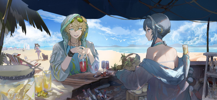 2boys 2girls animal_ears arknights bangs bare_shoulders basket beach blonde_hair blue_jacket bottle chair cloud counter cup dog_ears drinking_straw eyewear_on_head eyjafjalla_(arknights) eyjafjalla_(summer_flowers)_(arknights) highres holding holding_cup hood hood_up hooded_jacket huan_shi_tian_tong jacket jar jaye_(arknights) jaye_(beach_guard)_(arknights) jewelry la_pluma_(arknights) la_pluma_(summer_flowers)_(arknights) lifebuoy long_hair looking_at_another lounge_chair multiple_boys multiple_girls necklace ocean off_shoulder open_mouth outdoors palm_tree reclining short_hair smile sunglasses tequila_(arknights) tree visor_cap walking water wristband