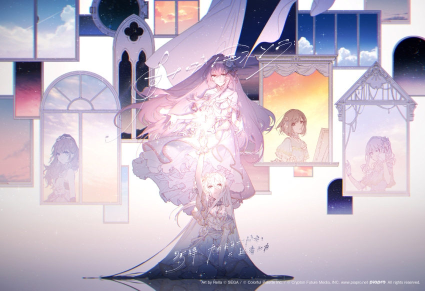 1other 25-ji_night_code_de._(project_sekai) 4girls akiyama_mizuki arm_support arm_up asahina_mafuyu bangs bare_shoulders blue_sky brown_hair character_name cloud curtains double_exposure dress eighth_note evening_gown floating_hair flower gem gloves glowing hair_between_eyes hair_flower hair_ornament hand_on_window high_ponytail highres kanade_tomosu_sora_(vocaloid) long_hair medium_hair megurine_luka multiple_girls musical_note night night_sky off-shoulder_dress off_shoulder official_art on_ground orange_sky outstretched_hand pearl_(gemstone) pearl_hair_ornament pink_hair project_sekai reaching rella shinonome_ena sitting sky star_(sky) very_long_hair vocaloid wariza wide_ponytail window wrist_cuffs yoisaki_kanade