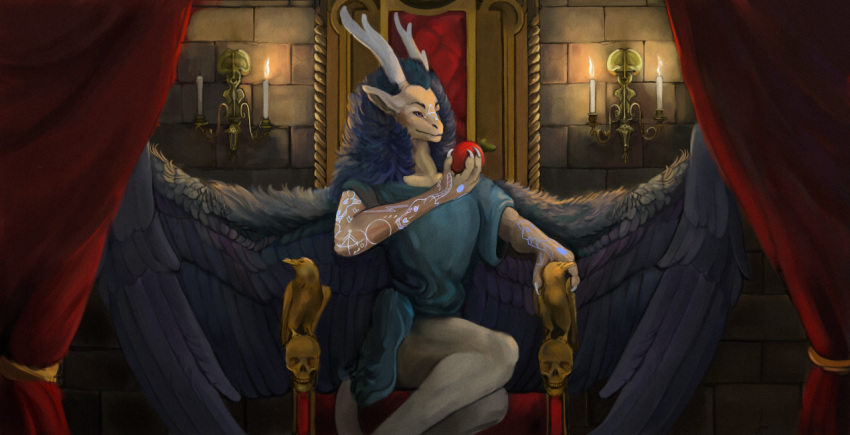 ambiguous_gender blue_hair bone brick_wall candle chair classical confident deity demon diorionarh feathered_wings feathers food fruit fur furniture hair horn humanoid inside king looking_at_another majestic male muscular muscular_male mythology nicoaz_(runefang115vanguarshd) paws plant renaissance royalty simple_background skull solo tail_motion tailwag unknown_species wall_(structure) white_body wings