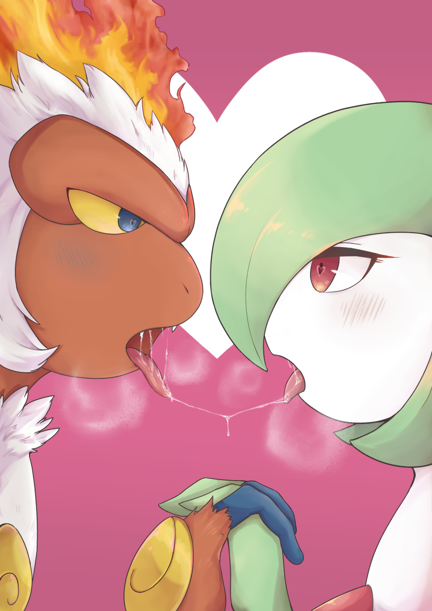 &lt;3 &lt;3_eyes absurd_res after_kiss ambiguous/ambiguous ambiguous_gender animal_humanoid anthro bedroom_eyes biped blue_eyes blush bodily_fluids breath_cloud dripping duo eye_contact eyelashes fangs fire fur gardevoir generation_3_pokemon generation_4_pokemon green_hair hair hand_holding hi_res humanoid infernape interspecies kissing looking_at_another love mammal mammal_humanoid monkey_humanoid narrowed_eyes nintendo nohtuy18 open_mouth orange_body pink_background pokemon pokemon_(species) primate primate_humanoid red_eyes romantic romantic_couple saliva saliva_drip saliva_on_tongue saliva_string seductive side_view simple_background video_games white_body white_fur yellow_sclera