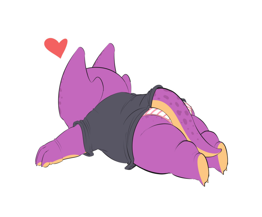 &lt;3 anthro chubby_female claws clothing fantasy000 female hi_res horn kobold panties purple_body scalie shirt simple_background solo t-shirt topwear underwear yellow_body