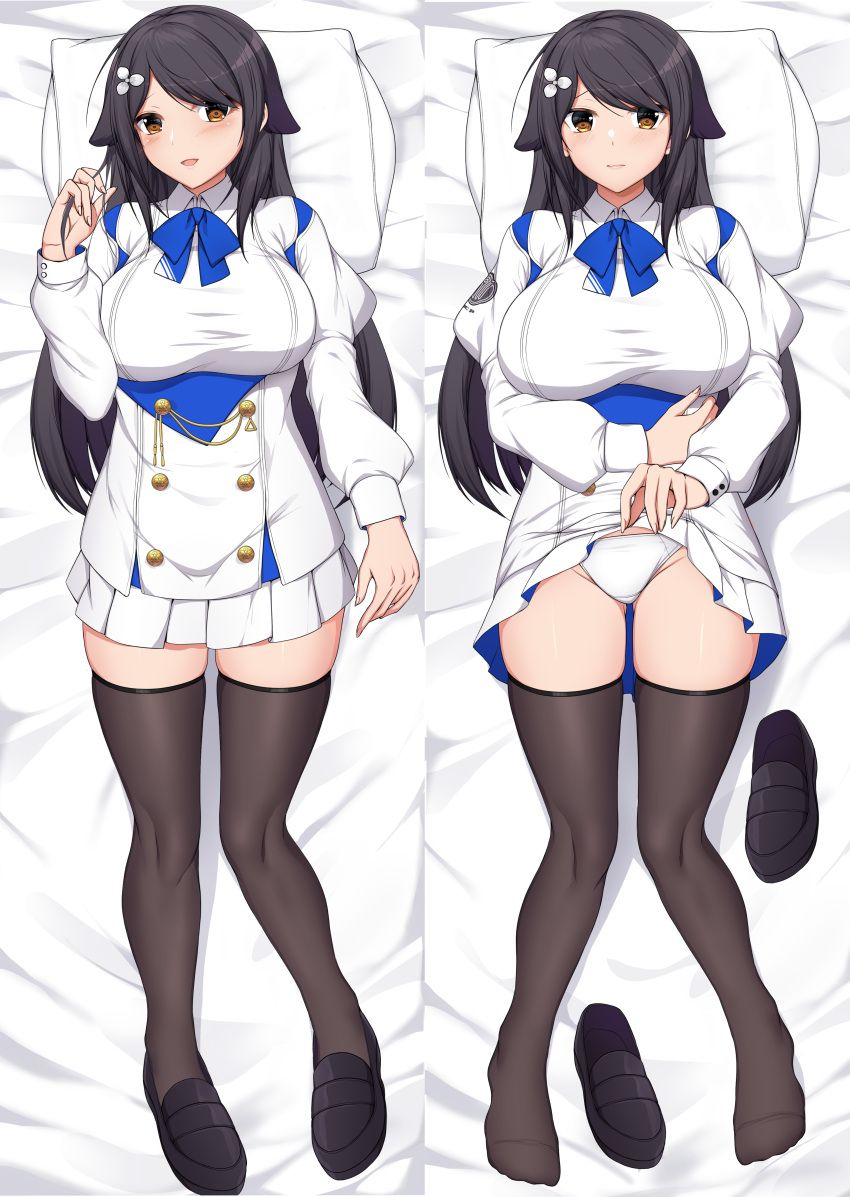 1girl :d absurdres animal_ears ass_visible_through_thighs azur_lane black_footwear black_hair blush breasts brown_eyes choukai_(azur_lane) clothes_lift dakimakura_(medium) english_commentary from_above full_body hair_ornament highres large_breasts lifted_by_self long_hair long_sleeves looking_at_viewer on_bed panties pillow sheita shoes shoes_removed skindentation skirt skirt_lift smile solo thighhighs underwear wavy_mouth white_panties zettai_ryouiki