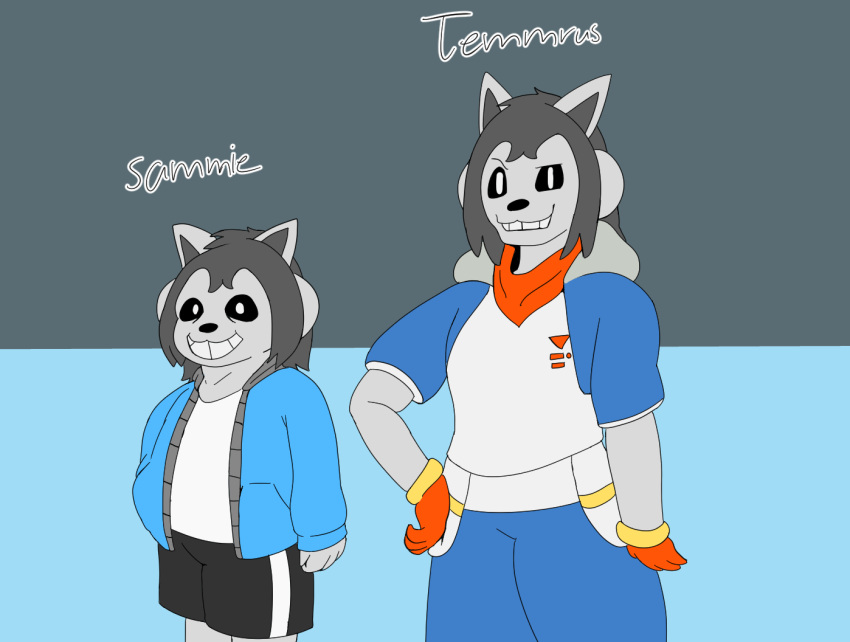 black_bottomwear black_clothing black_nose black_shorts blue_clothing blue_sweater blue_topwear bottomwear clothing duo fur grey_body grey_fur grey_hair hair male red_clothing red_topwear red_vest sammie_(temmeverse) shorts smile snow sweater tem temmrus_(temmeverse) topwear undertale_(series) vest wetwaffls