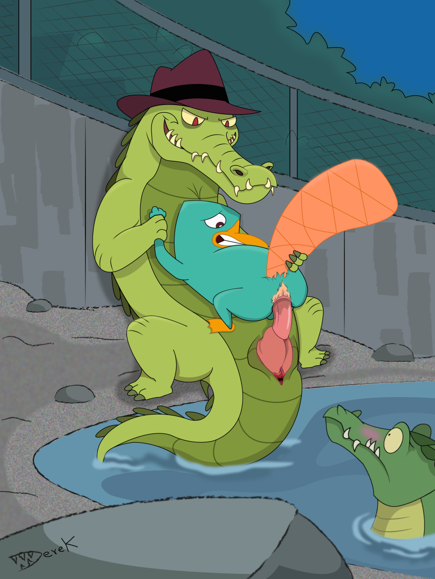 3_claws absurd_res agent_crocodile_(phineas_and_ferb) alligatorid ambiguous_gender blush claws crocodile crocodilian crocodylid derekdragon digital_media_(artwork) disney duo english_text exhibitionism feral feral_on_feral genitals green_body group hi_res male male/male mammal monotreme night penis perry_the_platypus phineas_and_ferb pink_penis platypus platypus_tail public public_sex red_eyes reptile scalie sex size_difference slit smaller_male text trio
