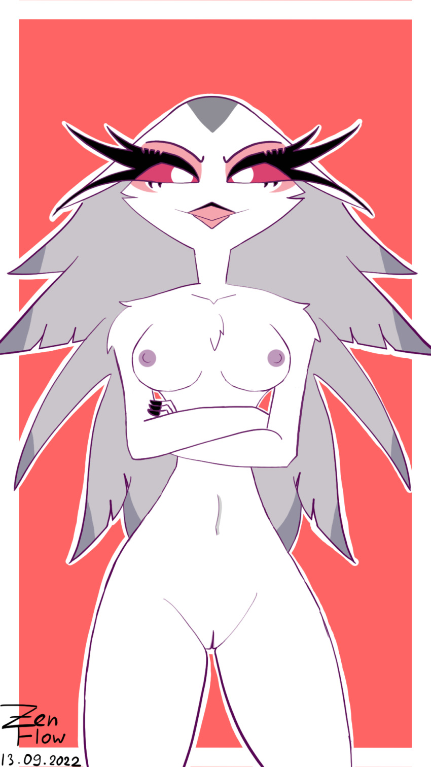anthro avian beak breasts crossed_arms demon feathers female genitals helluva_boss hi_res looking_at_viewer mature_female nipples nude pink_eyes pussy smile solo stella_(helluva_boss) thick_thighs white_body white_feathers zenflow
