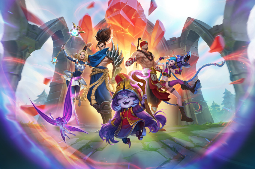 2boys 3girls abs arm_tattoo armor baggy_pants bandaged_arm bandages belt blind blindfold blonde_hair blue_eyes blue_hair boots bra breastplate brown_hair bullet chest_tattoo closed_eyes coat colored_skin crystal fairy fangs gauntlets glowing grass hat highres jinx_(league_of_legends) league_of_legends league_of_legends:_wild_rift lee_sin leg_armor light light_rays lina_phantom loincloth long_hair lulu_(league_of_legends) lux_(league_of_legends) magic multiple_boys multiple_girls muscular muscular_male no_shirt open_mouth outdoors pants pectorals pointy_ears pointy_hat ponytail purple_hair purple_skin ruins scar scar_on_face scarf shorts shoulder_armor skirt sky smile staff tattoo teeth twintails underwear yasuo_(league_of_legends) yordle