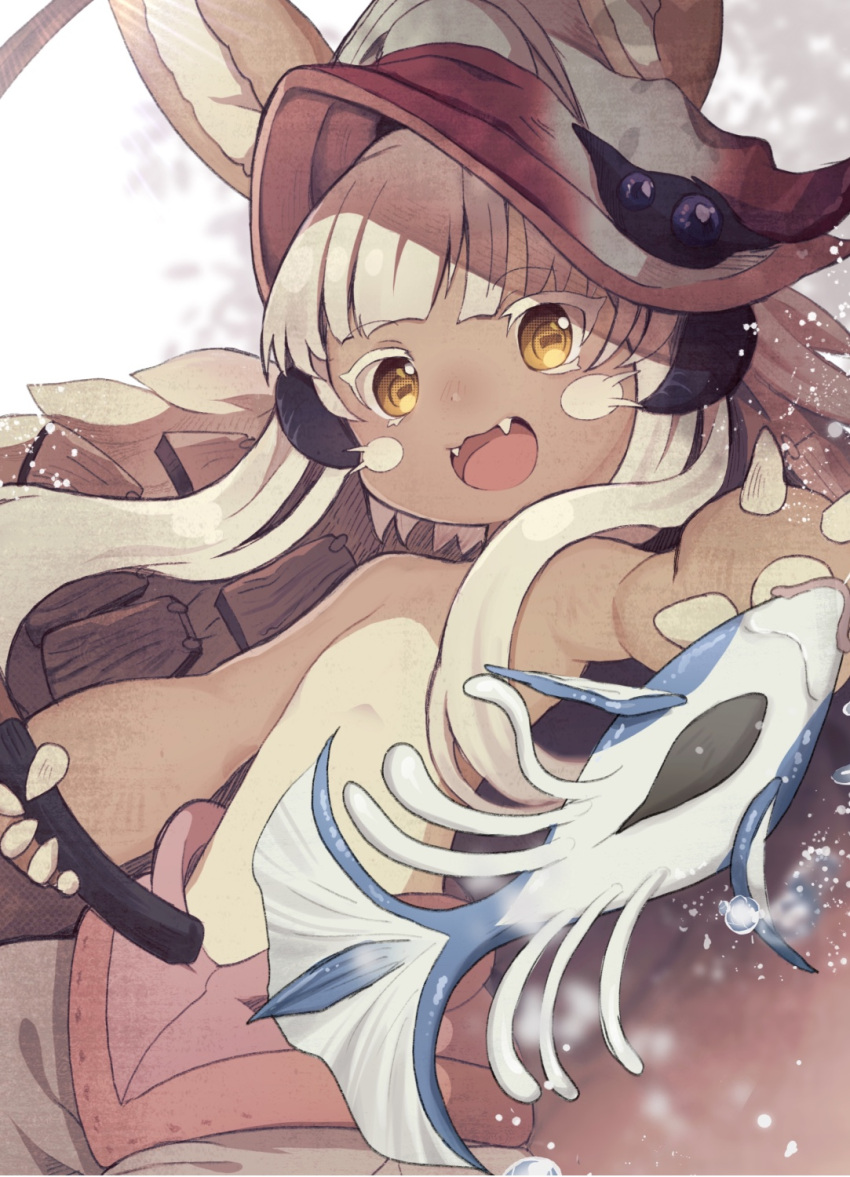 1other :d animal_ears bangs blunt_bangs brown_eyes brown_fur brown_pants commentary_request cowboy_shot fake_horns fish furry grey_background grey_hair hand_up helmet highres holding horizontal_pupils horned_helmet horns kei_s01 looking_at_viewer made_in_abyss multicolored_pants multiple_sources nanachi_(made_in_abyss) open_mouth other_focus outstretched_arm outstretched_hand pants puffy_pants red_pants short_hair_with_long_locks smile solo topless two-tone_pants water_drop whiskers