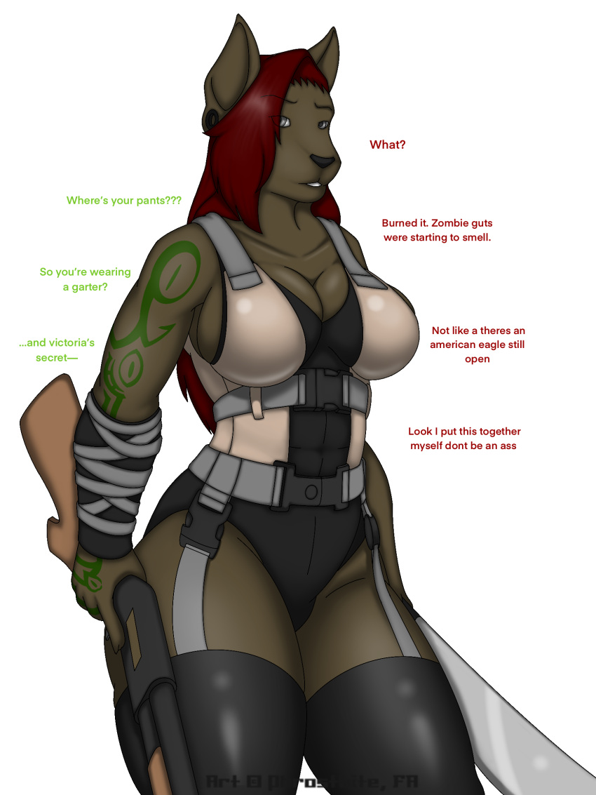 accessory annoyed anthro arm_wraps big_breasts breasts brown_body brown_fur buckle canid canine canis clothed clothing crossgender dialogue ear_piercing english_text female fur garter garter_belt garter_straps gauged_ear gun hair hair_over_eye hi_res leather legwear long_hair looking_at_viewer machete mammal melee_weapon one_eye_obstructed phrostbite piercing post-apocalyptic ranged_weapon shotgun signature skimpy solo stockings tactical_gear tattoo text topwear vest weapon wolf wraps