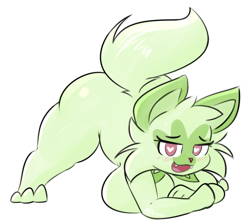 &lt;3 &lt;3_eyes anthro big_breasts big_butt blush breast_squish breasts butt cheek_tuft clothing facial_tuft fangs female fluffy fluffy_tail generation_9_pokemon green_body hi_res jack-o'_pose legwear lhacedor looking_at_viewer narrowed_eyes nintendo paws pokemon pokemon_(species) pose red_eyes smile smiling_at_viewer solo sprigatito squish thick_thighs thigh_highs tuft video_games