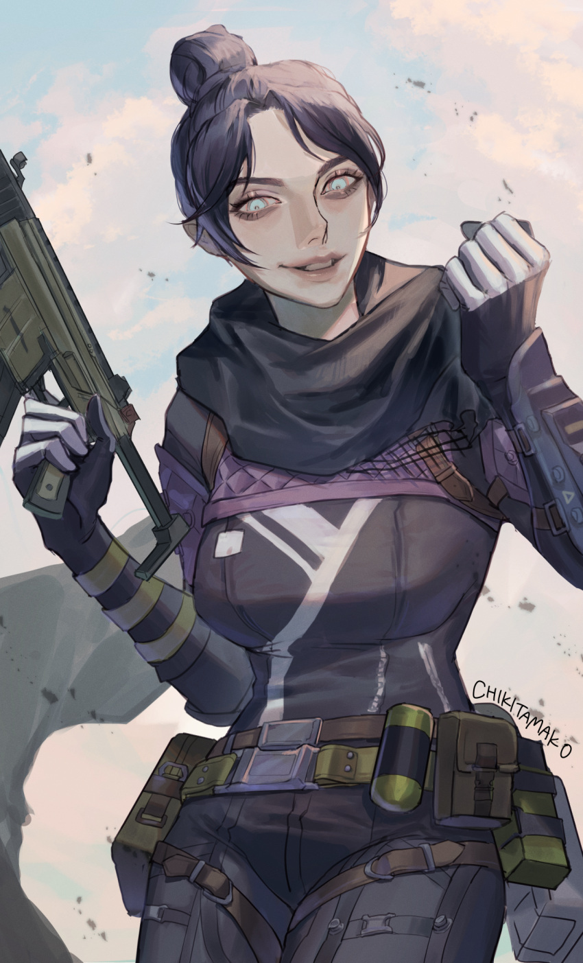 1girl apex_legends bangs belt black_gloves black_hair blue_eyes breasts brown_belt clenched_hand gloves gun hair_bun highres holding holding_gun holding_weapon looking_down medium_breasts parted_bangs parted_lips r-99_smg reikichi smile solo submachine_gun thigh_strap trigger_discipline weapon wraith_(apex_legends)