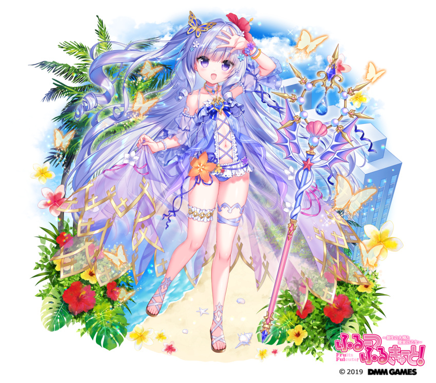 1girl :d arm_up bandaged_leg bandages bangs bare_shoulders blue_one-piece_swimsuit blush breasts brown_footwear building butterfly_hair_ornament character_request collarbone commentary_request copyright_name detached_sleeves flower fruits_fulcute! grey_hair hair_flower hair_ornament hibiscus long_hair looking_at_viewer navel one_side_up orange_flower palm_tree puffy_short_sleeves puffy_sleeves purple_eyes red_flower ringlets sakura_neko sandals see-through see-through_sleeves short_sleeves sidelocks small_breasts smile solo staff standing standing_on_one_leg swimsuit tree very_long_hair watermark yellow_flower