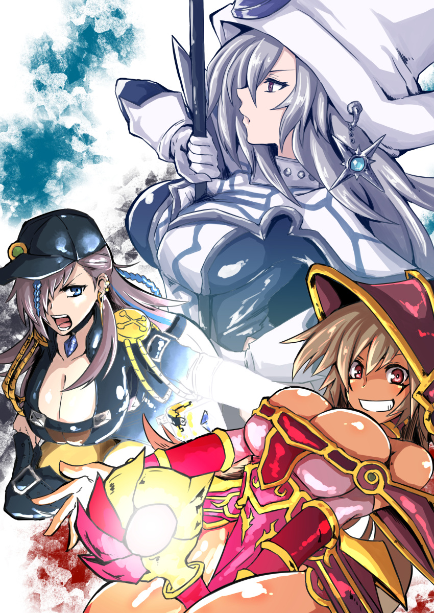 3girls absurdres alternate_color bare_shoulders between_breasts between_legs blue_eyes blue_hair braid breasts brown_hair cleavage dark-skinned_female dark_magician_girl dark_skin dress duel_monster gloves grey_eyes grey_hair hair_over_one_eye hat hat_ornament highres holding holding_staff holding_wand large_breasts long_hair long_sleeves multicolored_hair multiple_girls open_mouth red_eyes silent_magician smile staff tkool_man trait_connection wand white_gloves witchcrafter_haine yu-gi-oh!