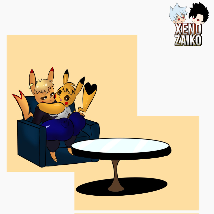 1:1 anthro blake_(xenozaiko) clothed clothing coach duo ear_piercing female furniture generation_1_pokemon hi_res kanna_(joaoppereiraus) male male/female mammal mouse murid murine nintendo piercing pikachu pokemon pokemon_(species) rodent sitting table touching_butt video_games xenozaiko