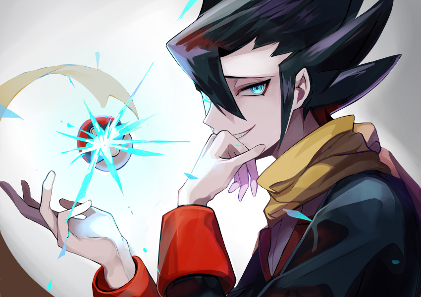 absurdres bangs black_hair black_jacket blue_eyes from_side glowing grimsley_(pokemon) hair_between_eyes hand_to_own_mouth highres jacket long_sleeves pointy_hair poke_ball pokemon pokemon_(game) pokemon_bw scarf shirt smile tabi_(cufs5442) upper_body white_background white_shirt yellow_scarf