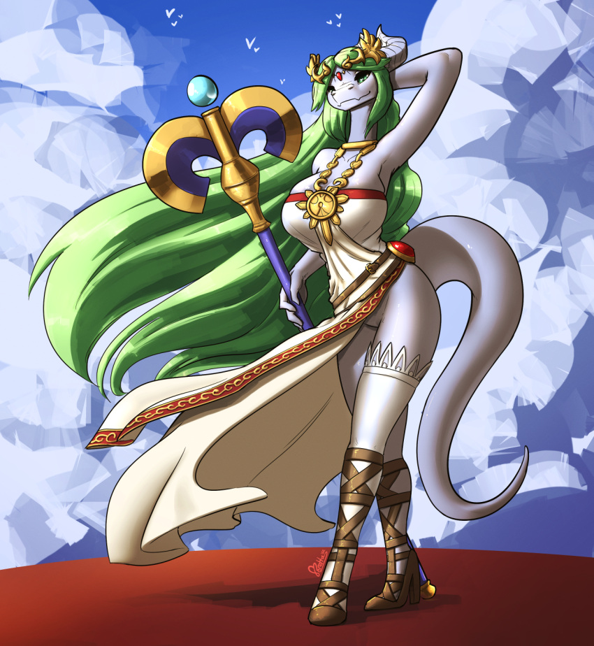 belt big_breasts bottomless breasts clothed clothing cosplay draako dragon dress feretta genitals green_eyes green_hair hair hi_res kid_icarus legwear looking_at_viewer mis'alia nintendo palutena pussy silver_dragon silver_skin smile staff stockings upskirt video_games