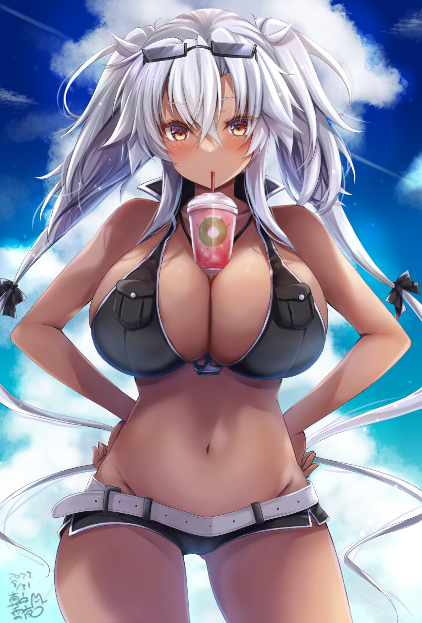 1girl absurdres alternate_costume ass_visible_through_thighs belt bikini black-framed_eyewear blush breasts brown_eyes bubble_tea_challenge cloud cowboy_shot crop_top cup dark-skinned_female dark_skin disposable_cup drink drinking drinking_straw drinking_straw_in_mouth eyewear_on_head glasses grey_hair hair_between_eyes hands_on_hips highres huge_breasts kantai_collection long_hair looking_at_viewer mashiro_yukiya musashi_(kancolle) musashi_kai_ni_(kancolle) navel object_on_breast official_alternate_costume outdoors rectangular_eyewear red_eyes semi-rimless_eyewear short_shorts shorts side_slit sky solo sunglasses swimsuit thighhighs twintails under-rim_eyewear very_long_hair white_belt white_hair