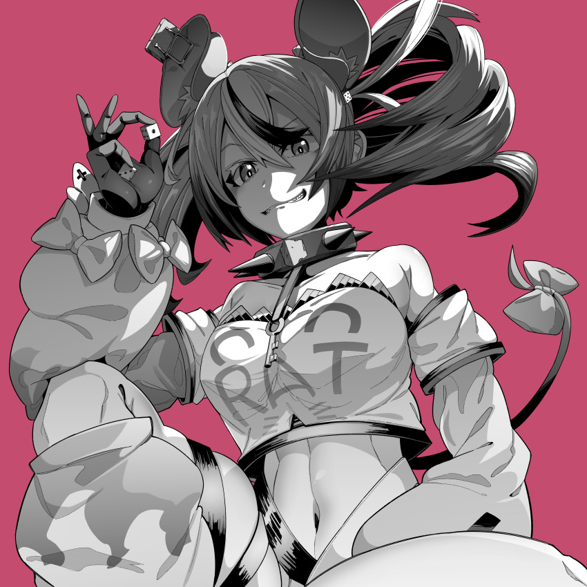 1girl absurdres animal_ears bow breasts collar detached_sleeves dice greyscale_with_colored_background hakos_baelz highres holding_dice hololive hololive_english key midriff moku_x_moku mouse_ears mouse_tail navel spiked_collar spikes tail tail_bow tail_ornament twintails virtual_youtuber