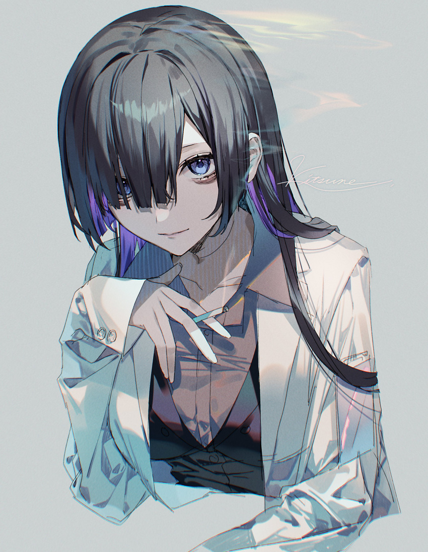 1girl absurdres bangs between_fingers black_hair black_vest blue_eyes breasts brown_shirt cigarette collared_shirt commentary_request cropped_torso dress_shirt grey_background hair_over_one_eye hand_up highres holding holding_cigarette jacket kitsune_ncv long_hair long_sleeves looking_at_viewer multicolored_hair open_clothes open_jacket original purple_hair shirt simple_background sleeves_past_wrists small_breasts smoke solo two-tone_hair upper_body vest white_jacket