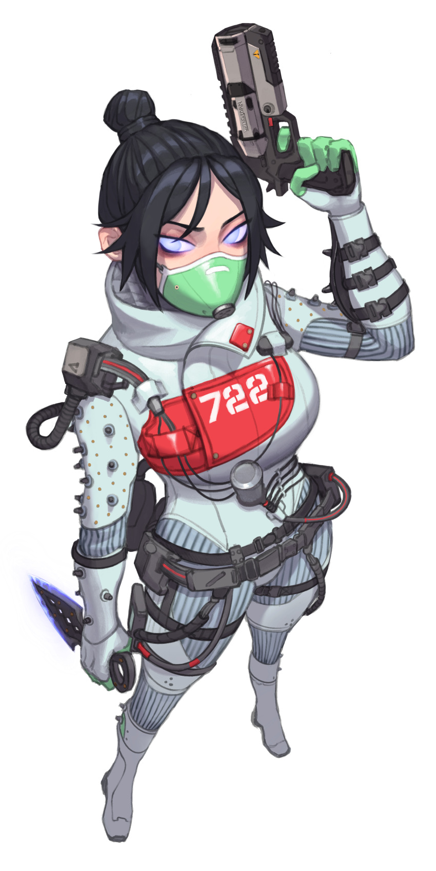 1girl absurdres animification apex_legends b3_wingman bangs black_hair bodysuit breasts cable from_above gun hair_behind_ear hair_bun hamzes highres holding holding_gun holding_knife holding_weapon knife kunai looking_to_the_side mask medium_breasts mouth_mask official_alternate_costume purple_eyes quarantine_722_wraith revolver solo weapon white_background white_bodysuit wraith's_kunai wraith_(apex_legends)