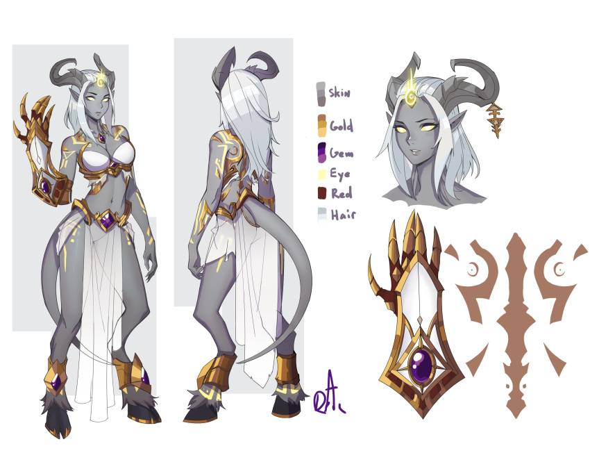 1girl absurdres bare_shoulders breasts closed_mouth color_guide colored_sclera colored_skin commission contrapposto distr draenei gauntlets grey_skin hand_up highres hooves horns looking_at_viewer medium_breasts midriff monster_girl multiple_views navel original parted_lips pelvic_curtain pointy_ears portrait priest_(warcraft) reference_sheet signature single_gauntlet smile solo tail tattoo warcraft white_eyes white_hair world_of_warcraft yellow_eyes yellow_sclera