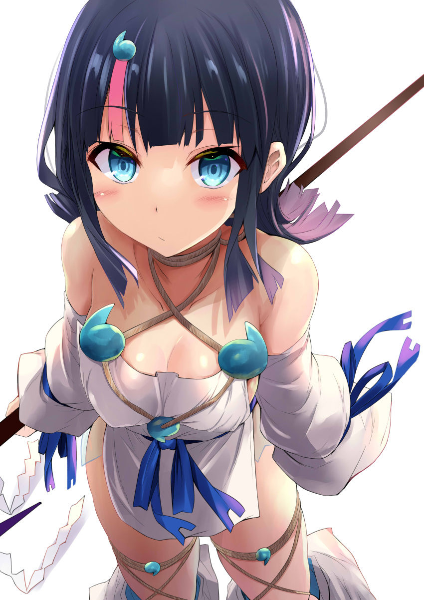 1girl absurdres bangs bare_shoulders black_hair blue_eyes blue_ribbon blush breasts collarbone detached_leggings dress fate/grand_order fate/requiem fate_(series) fundoshi highres japanese_clothes jewelry large_breasts leggings long_sleeves looking_at_viewer magatama magatama_hair_ornament magatama_necklace medium_hair multicolored_hair necklace pelvic_curtain pink_hair polearm puffy_long_sleeves puffy_sleeves ribbon sen_(astronomy) short_dress sideboob sideless_outfit sidelocks solo spear streaked_hair thighs utsumi_erice weapon white_background white_dress white_leggings