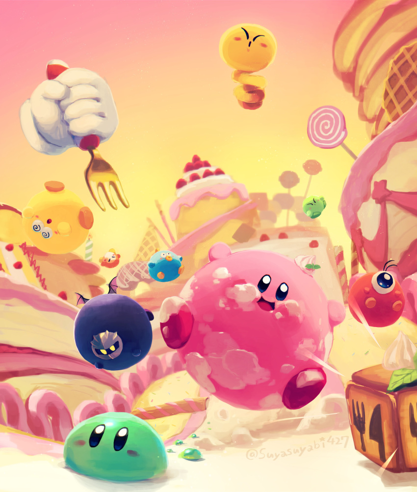 absurdres bat_wings blue_skin blush_stickers candle candy colored_skin cosplay disembodied_limb food food_on_face fork fruit green_skin highres holding holding_fork ice_cream icing kirby kirby's_dream_buffet kirby_(series) knife lollipop mask meta_knight meta_knight_(cosplay) no_humans orb pancake pink_skin smile strawberry suyasuyabi twitter_username waddle_dee waddle_doo waffle wings yellow_skin
