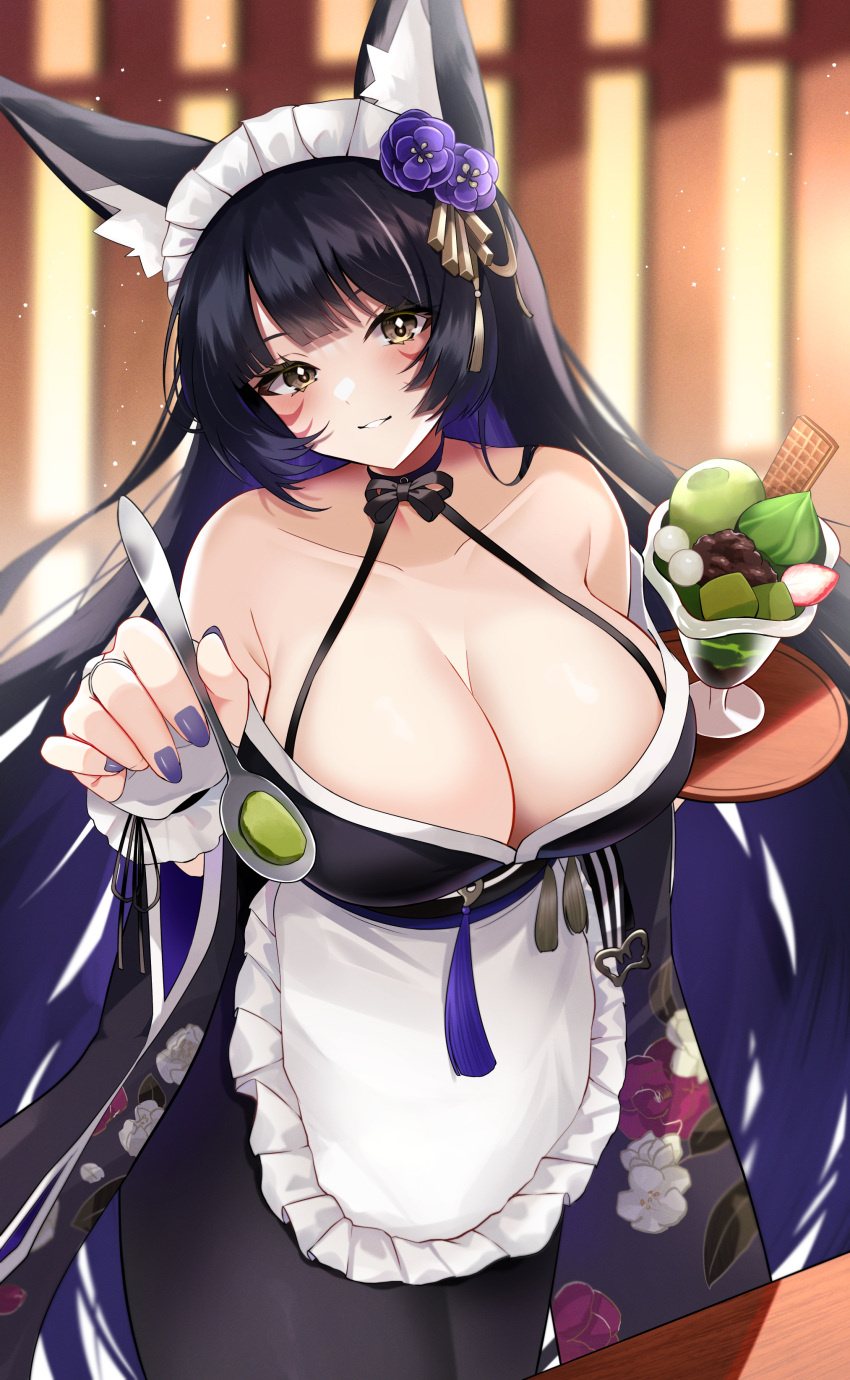 1girl absurdres animal_ears apron azur_lane black_dress black_hair breasts colored_inner_hair dessert dress facial_mark floral_print flower food hair_flower hair_ornament highres holding holding_spoon holding_tray incoming_food japanese_clothes large_breasts long_hair looking_at_viewer maid_apron maid_headdress matcha_(food) mochi multicolored_hair musashi_(azur_lane) parted_lips purple_flower purple_hair purple_nails solo spoon tassel tray very_long_hair wafer_stick wide_sleeves yamaha_tsui yellow_eyes