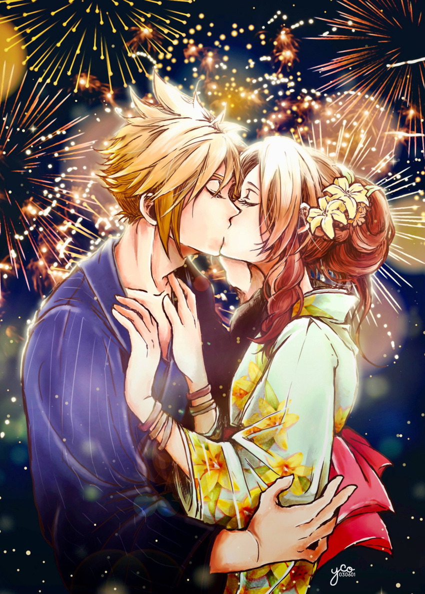 aerith_gainsborough alternate_costume artist_name back_bow bangle bangs blonde_hair blue_kimono bow bracelet brown_hair closed_eyes cloud_strife couple final_fantasy final_fantasy_vii final_fantasy_vii_remake fireworks floral_print flower hair_between_eyes hair_flower hair_ornament hair_up hand_on_another's_cheek hand_on_another's_face hands_on_another's_chest highres japanese_clothes jewelry kimono kiss long_hair parted_bangs short_hair sidelocks spiked_hair upper_body yco_030601 yellow_flower yellow_kimono