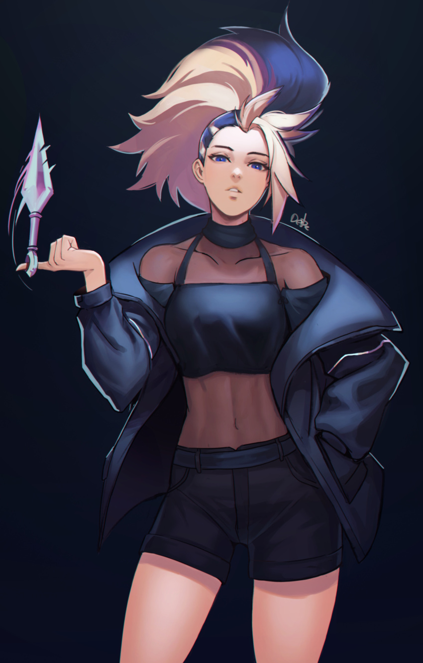 1girl absurdres akali black_background black_jacket black_shirt black_shorts blue_eyes bodystocking distr hand_in_pocket highres jacket k/da_(league_of_legends) k/da_akali kunai league_of_legends looking_at_viewer multicolored_hair navel off-shoulder_shirt off_shoulder open_clothes open_jacket parted_lips ponytail shirt shorts solo twirling_weapon two-tone_hair weapon white_hair